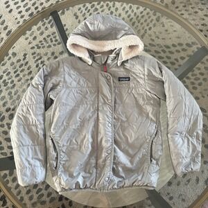 Patagonia Ready Freddy 2in1 Reversible Hooded Gray Cream Fleece Jacket SzS